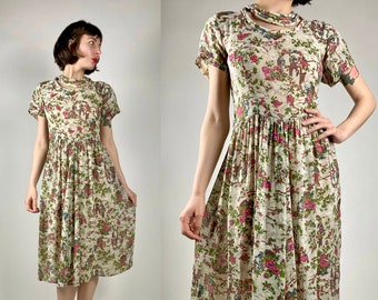 1940er Jahre Neuheit Garden Print Rayon Kleid | Größe S