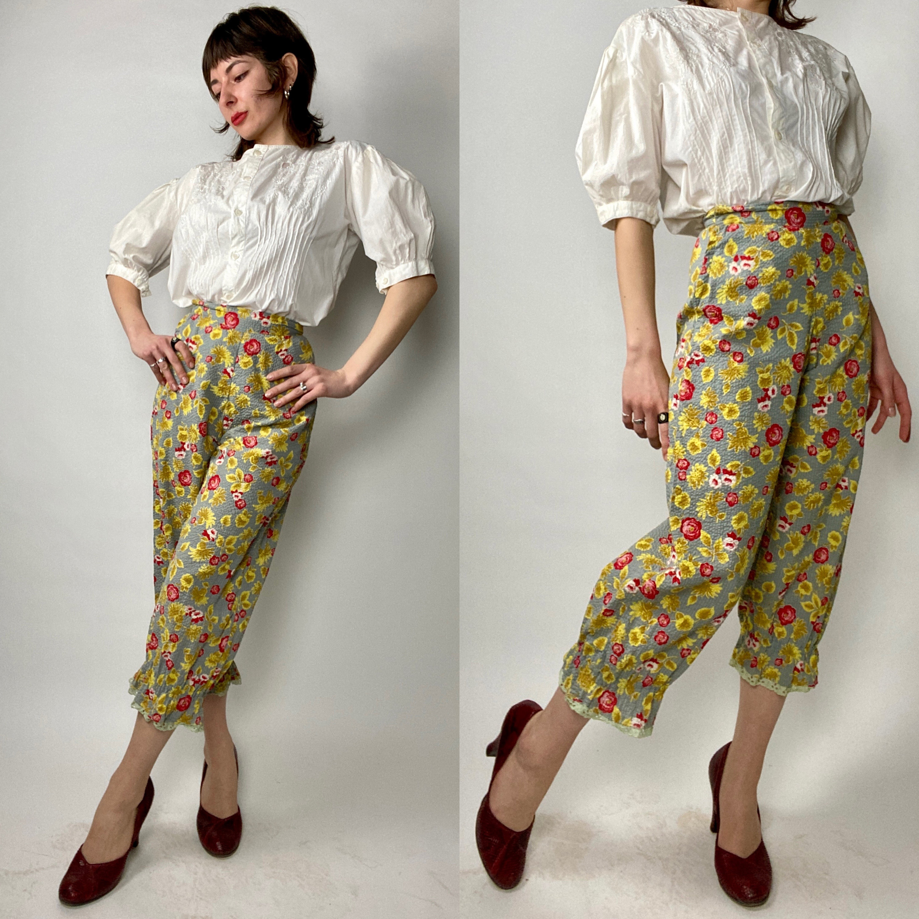 Antique Reproduction Floral Printed Grey Bloomer Capris | Vintage Costuming | XS | 24" Waist