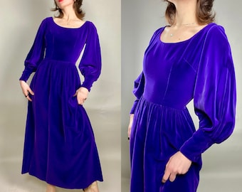Vintage 1970s 70s Vibrant Purple Velvet Prairie Girl Chic Boho Full Length Dress with Bishop Sleeves | Size XS