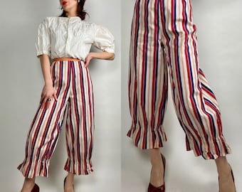 Antique Reproduction Purple Red and White Striped Bloomer Capris | Vintage Costuming | XXS | 22&quot; Waist