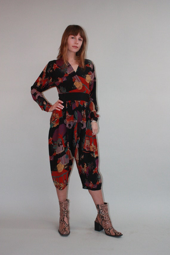 1980s Silk Indian Print Balloon Jumpsuit/Romper -
