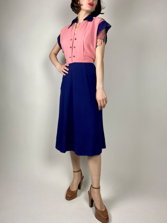 1940s Pink and Navy Blue Colour Block Dress | 29"… - image 6