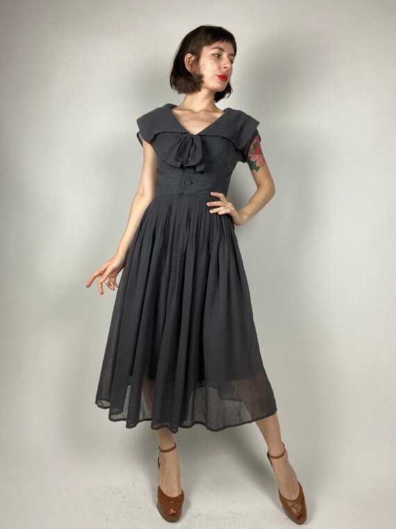 1950s Charcoal Grey Fit and Flare Dress | Size Sm… - image 7