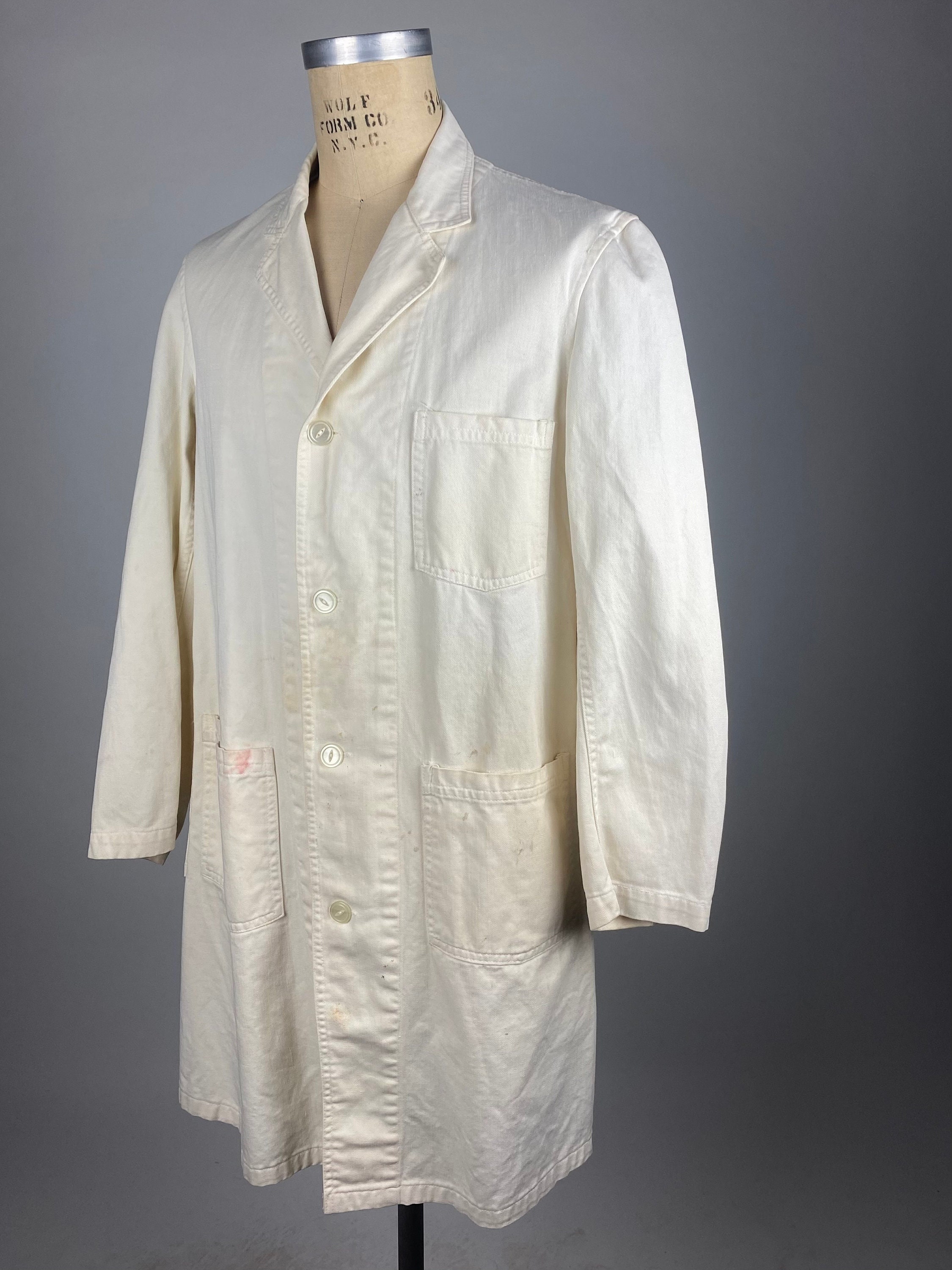 Vintage 1960er 60er Distressed Creme Baumwolle Knie Länge Techniker Mantel | Herrengröße S Damengröße Medium
