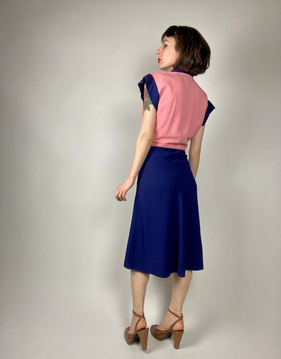 1940s Pink and Navy Blue Colour Block Dress | 29"… - image 5