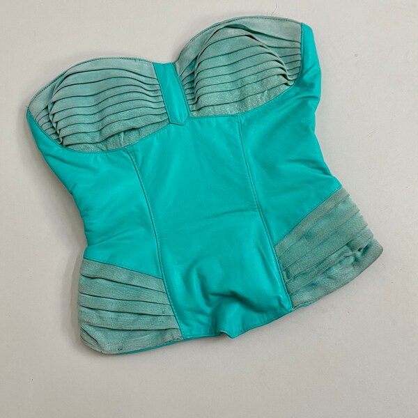 Vintage 1980s 80s Teal LEATHER and Suede Bustier | Size XXS