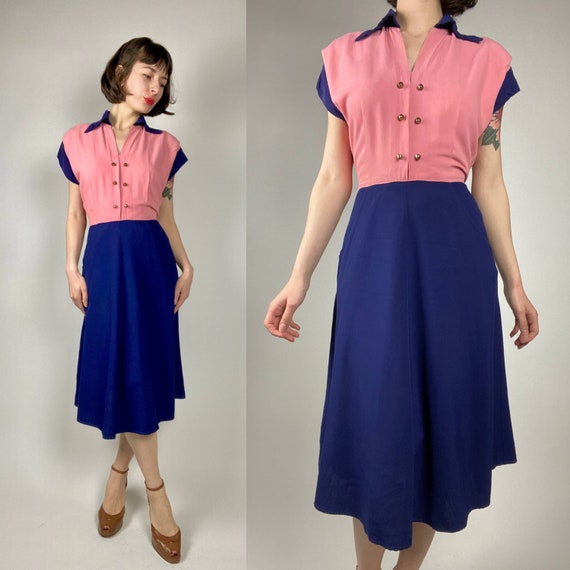 1940s Pink and Navy Blue Colour Block Dress | 29"… - image 1