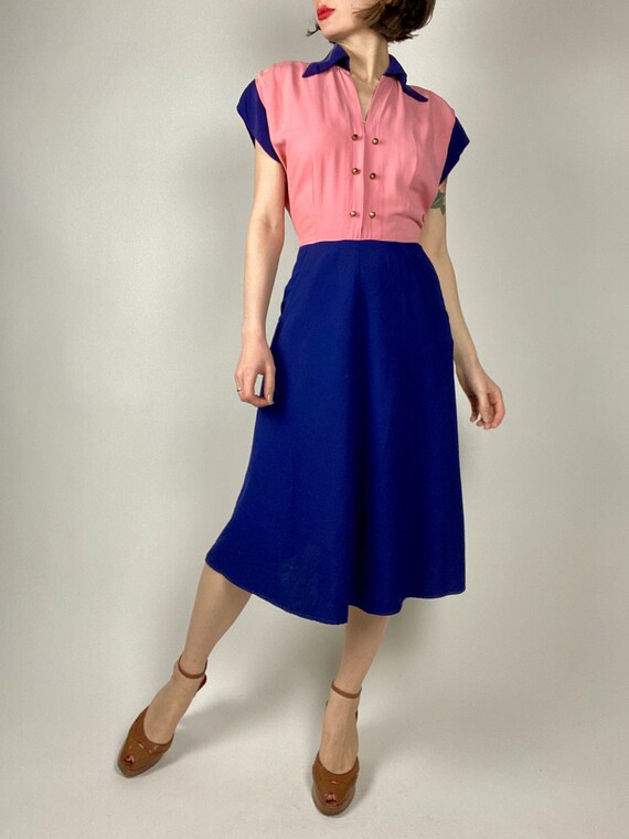 1940s Pink and Navy Blue Colour Block Dress | 29"… - image 4