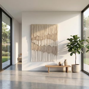 MADE TO ORDER/ boho wanddecoratie/ neutrale kunst/ macramé wanddecoratie/ textielkunst/ hedendaagse kunst/ kunst aan de grote muur/ wandtapijt/ textiel afbeelding 4