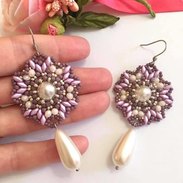 PDF tutorial "Betty" superduo earrings, superduo earrings tutorial, rondelle glass, 10 mm pearls, superduo tutorial, earrings pattern