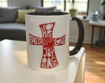 Christian Mug, Hope Faith Love Joy Peace, Red Cross