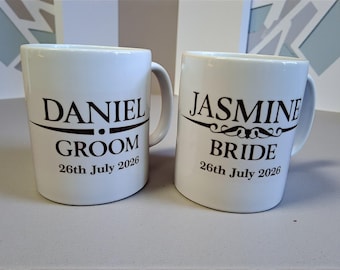 Personalised Wedding Mug with name and date. Custom Mr and Mrs Mug, Newlywed Keepsake