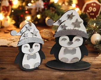 Penguin Bauble and Penguin Figurine on Stand - Handcrafted Holiday Ornament and Winter Decor