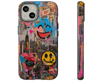 New York Smiley Gezichten & Harten Stoere Dual Layer Shockproof Case voor iPhone 15 14 13 12 11 X XR XS 8 Pro Plus Max