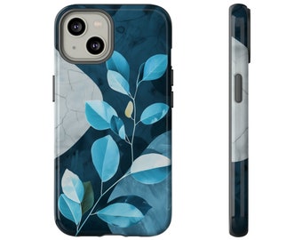 Blauwe abstracte bladeren stoere dubbellaagse schokbestendige hoes voor iPhone 15 14 13 12 11 X XR XS 8 Pro Plus Max