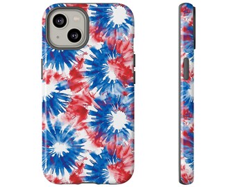 4th July Red White Blue Tie Dye Tough Dual Layer Shockproof Case for iPhone 15 14 13 12 11 X XR XS 8 Pro Plus Max