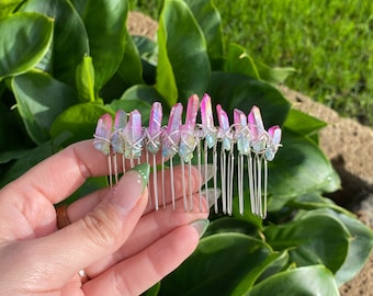 Hair comb with raw rose quartz crystals, ideal for brides or bridesmaids