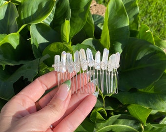 Peigne à cheveux en cristal de quartz brut, idéal pour les mariées ou les demoiselles d'honneur