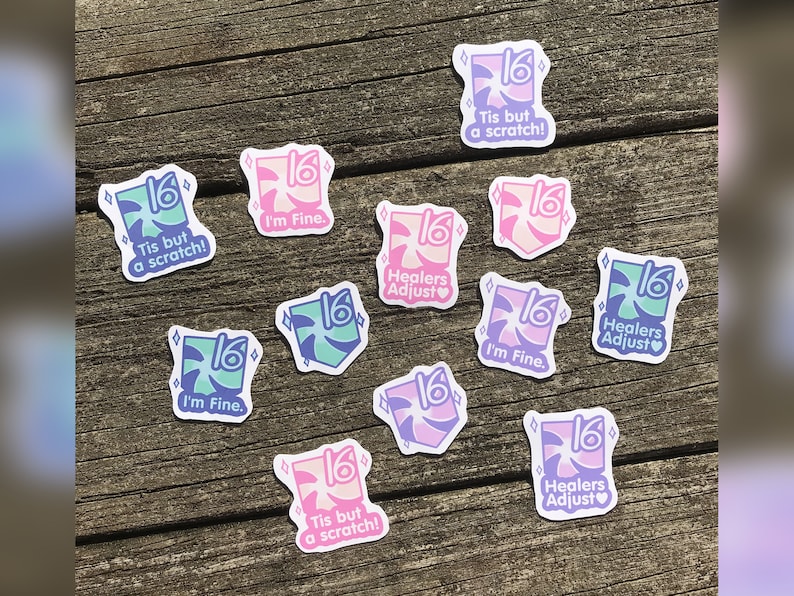 May include: A collection of 11 stickers featuring a variety of designs. The stickers are all square and feature a white background with a colourful design. Some of the stickers feature the number 16, while others feature the text "Tis but a scratch!" or "I'm Fine." or "Healers Adjust".