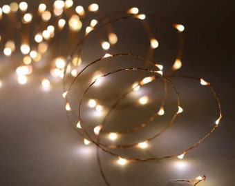 Fairy lights - 10 metre LED solar powered warm white on silver coloured copper wire string lights