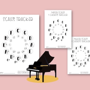 May include: Three printable worksheets for learning music theory. Each worksheet features a circle with musical notes and chords labeled around the outside. The title of each worksheet is "Scales Tracker", "Minor Scales < Chords Tracked", and "Major Scales < Chords Tracked". A black grand piano is in the center of the image.