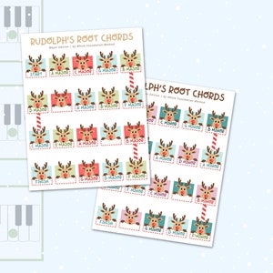 May include: Two printable worksheets featuring Rudolph the Red-Nosed Reindeer with root chords for piano practice. The first sheet shows major chords, the second sheet shows minor chords. Each chord is labeled with the corresponding note.