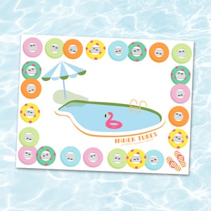 Pode incluir: Um jogo imprimível para crianças com uma piscina, um flutuador de flamingo, um guarda-sol e uma escada. O jogo chama-se "Inner Tubes" e tem uma borda de boias coloridas com notas musicais.