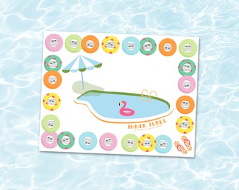 Puede incluir: Un juego imprimible para niños con una piscina, un flotador de flamenco, una sombrilla y una escalera. El juego se llama "Inner Tubes" y tiene un borde de flotadores coloridos con notas musicales.