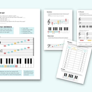 Op de afbeelding: Een printbaar muziektheorie-werkblad met een vioolsleutel-notenbalk, een pianoklavier en noten die met Romeinse cijfers zijn gelabeld. Het werkblad bevat een warming-up sectie met vragen over de noten in een diatonische toonladder, en een sectie over toonladders met definities van tonica, subdominante, dominante en leidtoon.