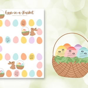 Könnte beinhalten: Ein druckbares Arbeitsblatt mit dem Titel "Eggs-in-a-Basket" und den Worten "Whole Foundation Method". Das Arbeitsblatt zeigt einen Korb mit bunten Eiern, die jeweils mit Noten versehen sind. Es gibt auch einzelne Eier mit Noten und ein Kaninchen.