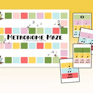 Op de afbeelding: Een kleurrijk spelbord met de titel "Metronome Maze" en een cartoonmetronoom. Het spelbord is verdeeld in vierkanten met verschillende kleuren. Er zijn ook kaarten met muzieknoten en ritmes.