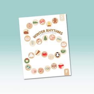 May include: A white and red illustrated game board with the title "Winter Rhythms by Whole Foundation Method". The board features a circular path with winter-themed images such as a snowman, a penguin, a gingerbread man, and a cup of hot chocolate.