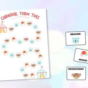 Peut inclure: Un jeu imprimable pour les élèves de musique appelé "Carnival Term Toss". Le jeu présente une tente de cirque colorée, des singes et des ours. Le jeu comprend trois cartes avec les mots "Measure", "Adagio" et "Decrescendo".