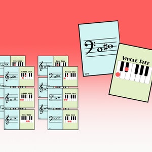 May include: A set of flashcards for learning music theory. Each card features a treble clef, a musical note, and a piano keyboard with red dots indicating the corresponding keys. The cards are labeled "Whole Step".