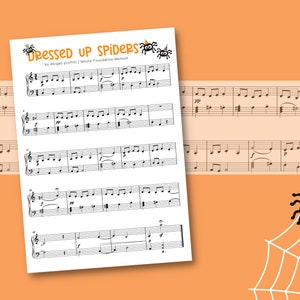 Puede incluir: Una partitura musical con el título "Dressed Up Spiders" de Abigail Prowitt. La música está escrita en el método Whole Foundation. La partitura presenta una ilustración en blanco y negro de dos arañas con sombreros de fiesta.