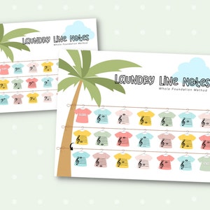 May include: Two colourful printable posters with the title "Laundry Line Notes" and a palm tree illustration. The posters feature musical notes on clothes hanging on a clothesline. The notes are labelled with numbers and musical symbols.