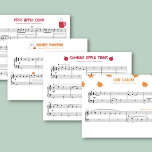 以下が含まれることがあります： 秋のテーマの印刷可能なピアノ楽譜4ページ。タイトルは「Pipin' Apple Cider」、「Sneaky Pumpkins」、「Climbing Apple Trees」、「Leaf Lullaby」です。