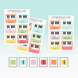 May include: Three white sheets titled COMPOSITION MAZE featuring colourful rectangular boxes with piano keyboard illustrations and musical notation. Below are six small square cards in green, blue, pink, red, orange, and yellow with black symbols.