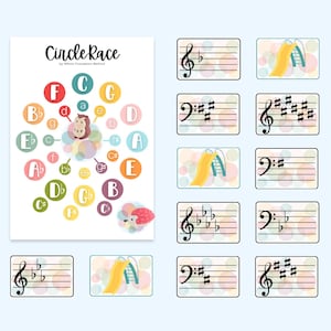 May include: A colourful circle race game with a musical theme. The game features a circle with musical notes and a slide. The game is designed to help children learn about music.