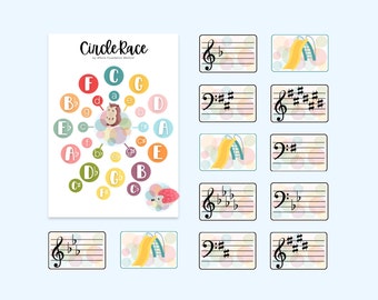 May include: A colorful circle race game with a musical theme. The game features a circle with musical notes and a slide. The game is designed to help children learn about music.