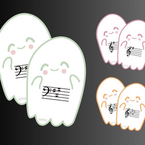 Puede incluir: Varios pares de pegatinas de fantasmas de dibujos animados. Cada fantasma blanco tiene una cara sonriente y sostiene un pentagrama con notas. Los pares de fantasmas tienen contornos verdes, rosas y naranjas. El texto "WFM" está en la parte inferior.