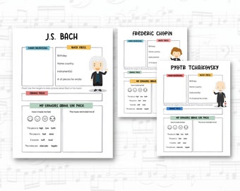 May include: A printable worksheet for learning about famous composers. The worksheet includes sections for quick facts, a space to draw, and a section for rating the music. The composers featured are J.S. Bach, Frederic Chopin, and Pyotr Tchaikovsky.