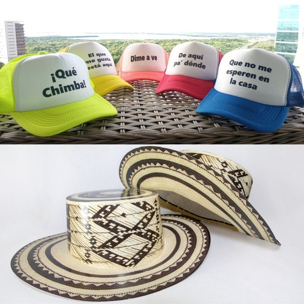 COMBO! 24 Pack Adult's Size Vueltiao Colombian Hat made of Cardboard / 5 pack pre-Printed Party Snap Back Hats with Latino Phrases