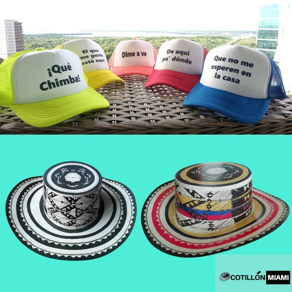 MIXED COMBO 50 Pack 25 Tricolor and 25 Traditional Vueltiao Colombian Hat /  5 Pack Pre-printed Party Snap Back Hats With Latino Phrases 