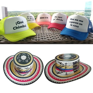 COMBO! 24 Pack Tri-Color Adult's Size Vueltiao Colombian Hat made of Cardboard / 5 pack pre-Printed Party Snap Back Hats with Latino Phrases