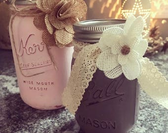 Beautiful, handmade, chalk painted, distressed, mason jars, shabby chic, farmhouse, french country, babyshower decor, wedding/shower decor