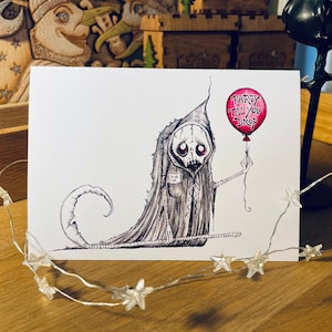 Een feestkaart, Hoogwaardige gerecyclede kaart, Verjaardag, Geslaagd voor je test, Gefeliciteerd, Feest tot je erbij neervalt, Magere Hein, Duistere humor