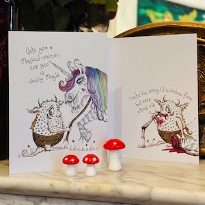 Monster und Einhorn Karte, Monster Liebeskarte, Valentinskarte, Hochwertige recycelte Karte, Gender neutral, Magisches Einhorn, Schwarzer Humor