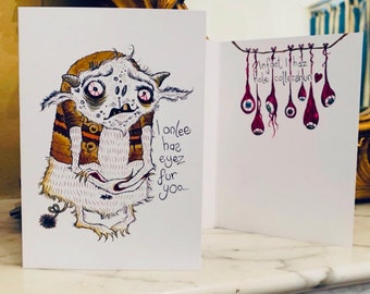 Monster love card, Valentines Card, High quality recycled card, Anniversary card, Gender neutral, I only have eyes for you, Dark humour