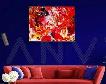 Red Abstract Gold Fish Painting - Bold Large Wall Art, Surreal Home Decor